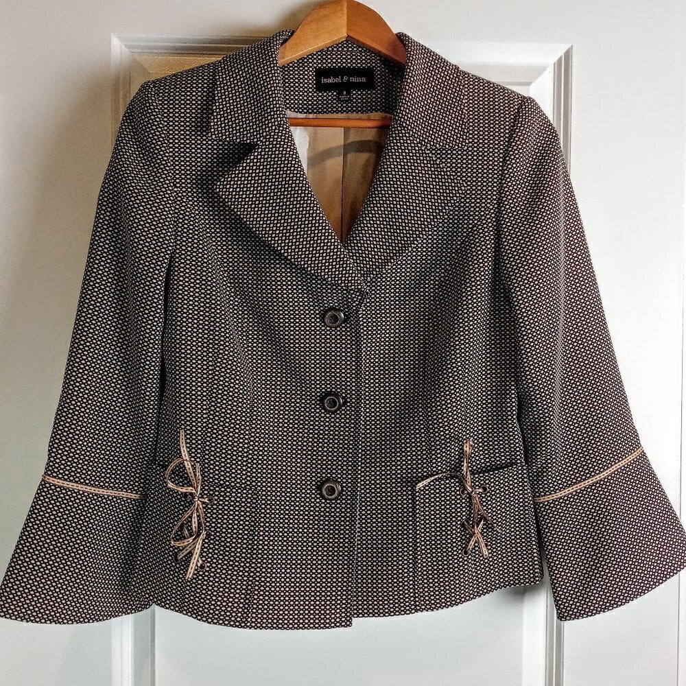 Isabel & Nina Black Tan Check Ribbon Trim Bell Sleeve Jacket